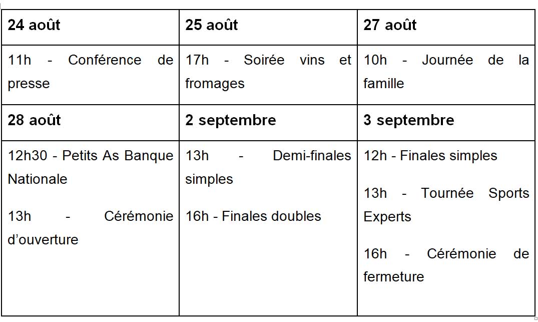 Tableau horaire en français des événements précédents le tournoi et du tournoi