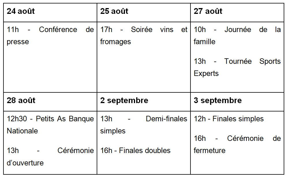Tableau horaire en français des événements précédents le tournoi et du tournoi!