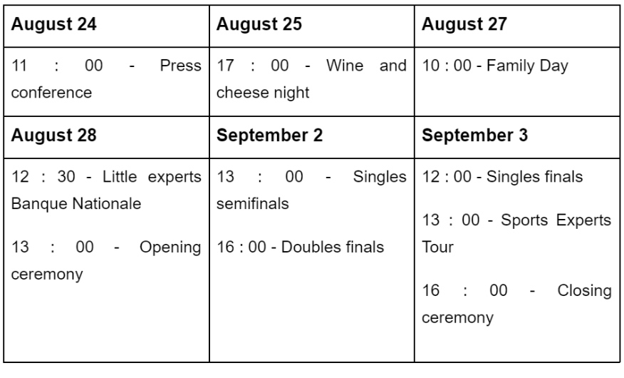Tableau horaires des événements précédant le tournoi et du tournoi